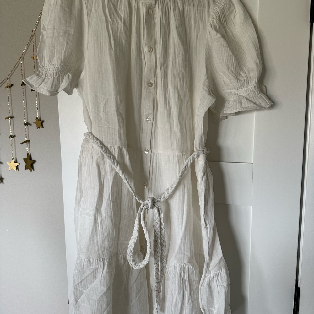 GAP gauze White Button-Up Dress with braided Belt and ruffle skirt M Tall